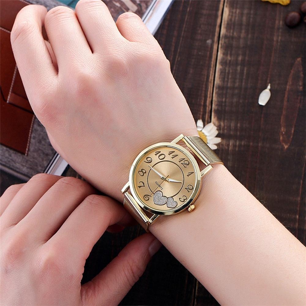Women Double Heart Mesh Belt Watch - Golden Alloy-1915196918527561732