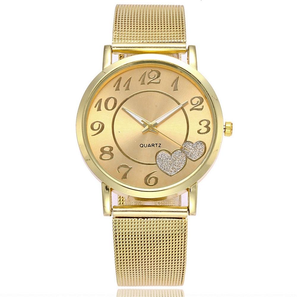 Women Double Heart Mesh Belt Watch - Golden Alloy-1915196918527561733