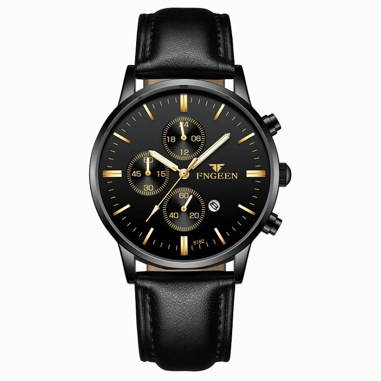 Men Three-Eye Luminous Quartz Watch - Black / Gold-1915196529359065088