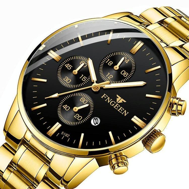 Men Three-Eye Luminous Quartz Watch - Black / Gold-1915196529359065090