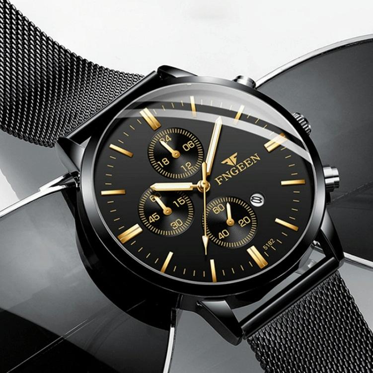 Men Three-Eye Luminous Quartz Watch - Black / Gold-1915196529359065092