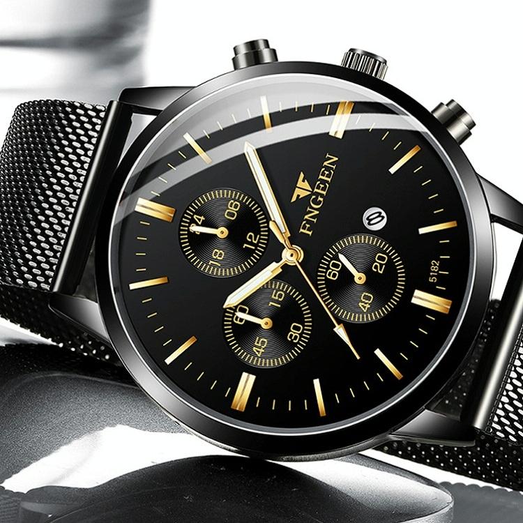 Men Three-Eye Luminous Quartz Watch - Black / Gold-1915196529359065093