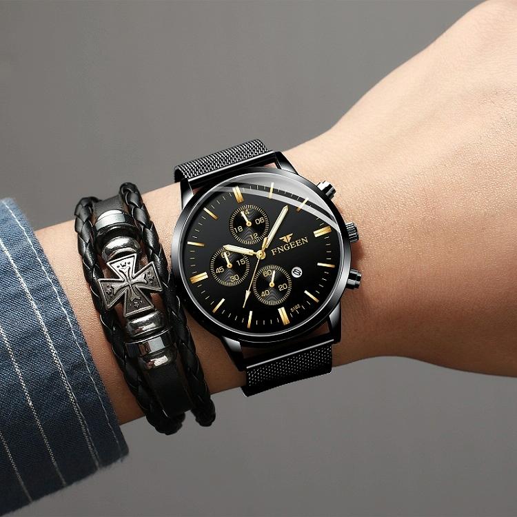 Men Three-Eye Luminous Quartz Watch - Black / Gold-1915196529359065094