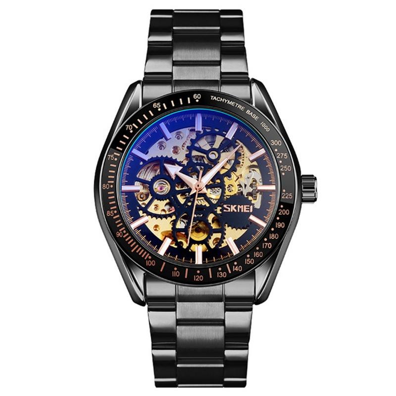 Men Automatic Skeleton Mechanical Watch With Steel Band - Black-1915198277171679233