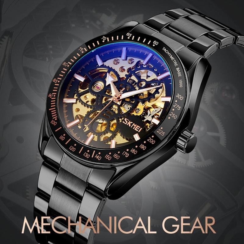 Men Automatic Skeleton Mechanical Watch With Steel Band - Black-1915198277171679234