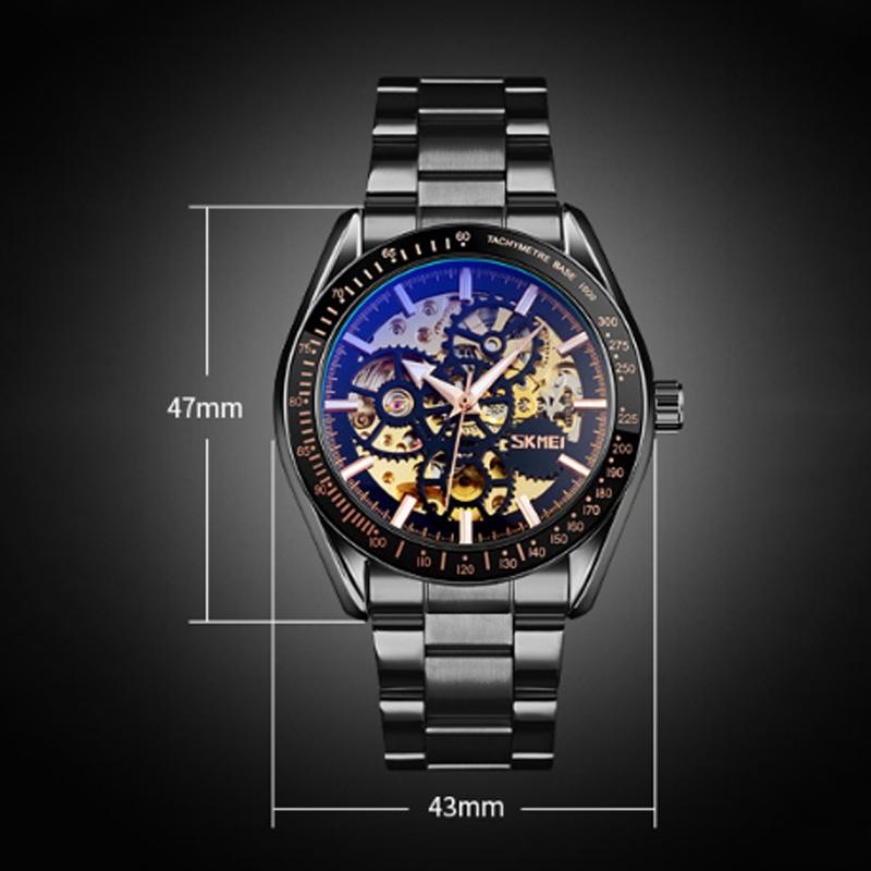 Men Automatic Skeleton Mechanical Watch With Steel Band - Black-1915198277171679239