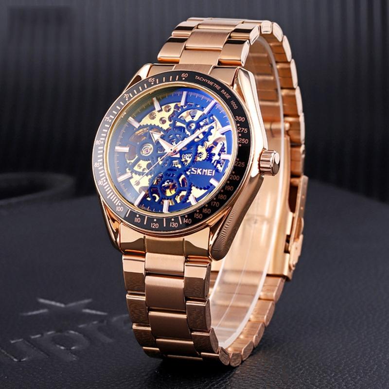 Golden Steel Band Automatic Skeleton Watch For Men-1915197616329723907