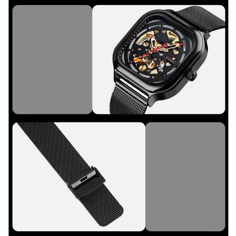 Men Automatic Tourbillon Watch With Mesh Strap - Black-1915198333408907268