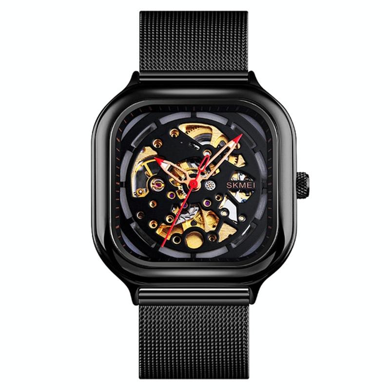 Men Automatic Tourbillon Watch With Mesh Strap - Black-1915198333408907272