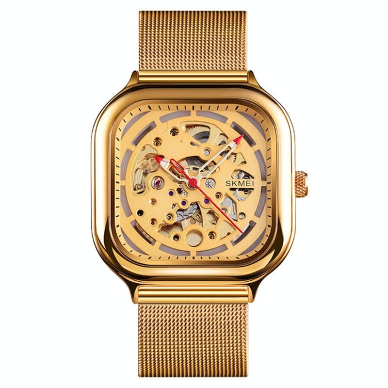 Men Automatic Tourbillon Watch With Hollow Square Mesh - Gold-1915197991451496456