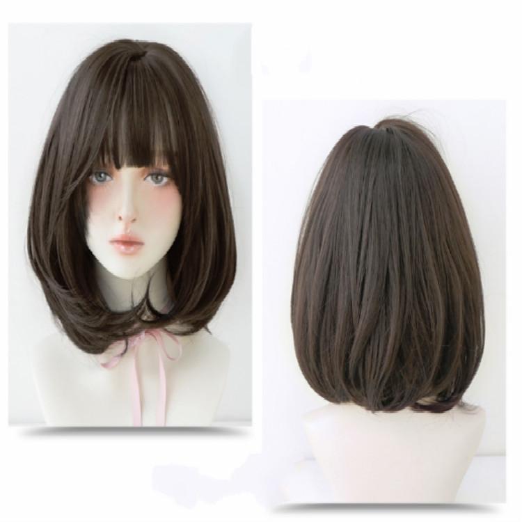 40Cm Short Hair Wig With Bangs For Round Face - Chocolate-1915198325280346113