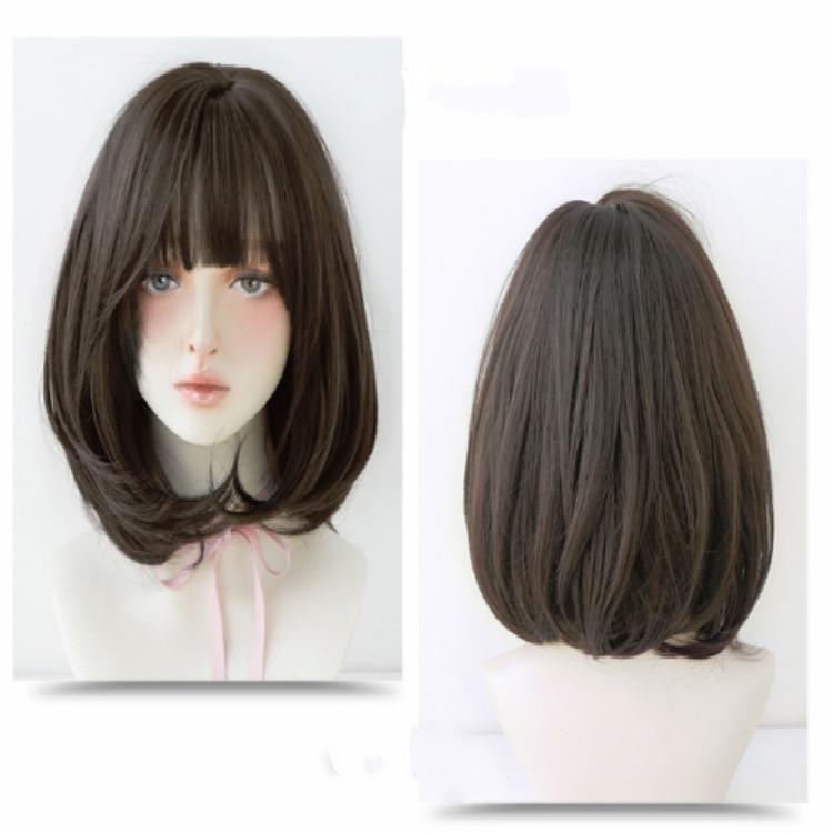 40Cm Short Hair Wig With Bangs For Round Face - Chocolate-1915198325280346121