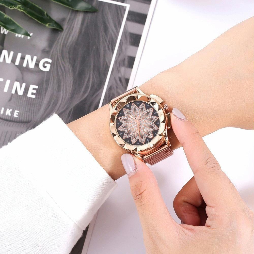 Rose Gold Flower Bracelet Watch With Rhinestone Mesh-1915196861661188105