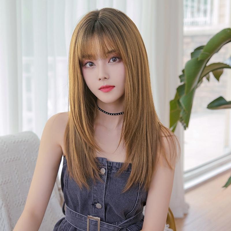 Sleek Long Hair Wig Set With Air Bangs - Cool Style-1915198088356696068