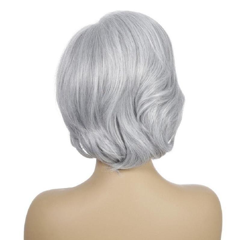 Short Curly Silver Gray Wig With Inner Button-1915196940321165316