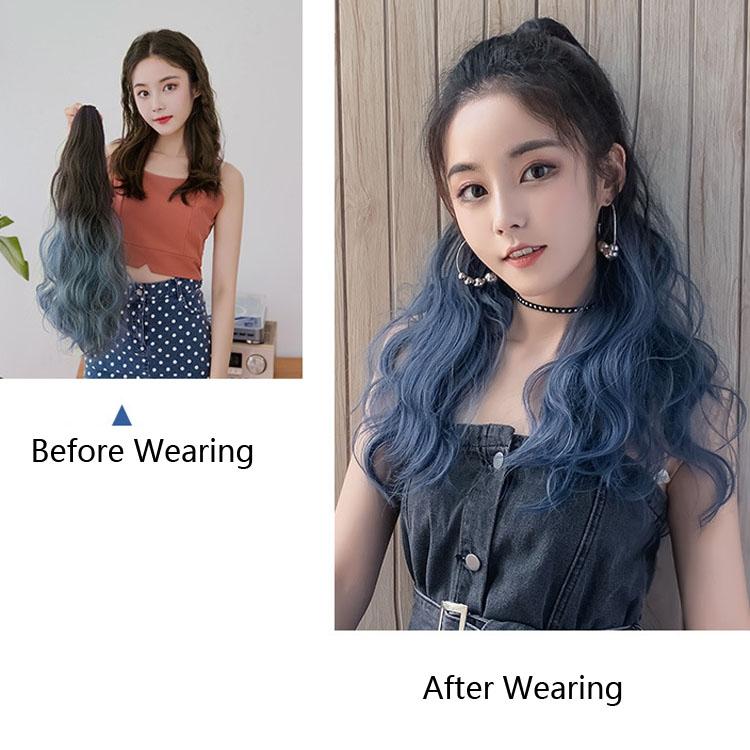 Blue Curly Gradient Ponytail Wig - Realistic Look-1915196933199237123