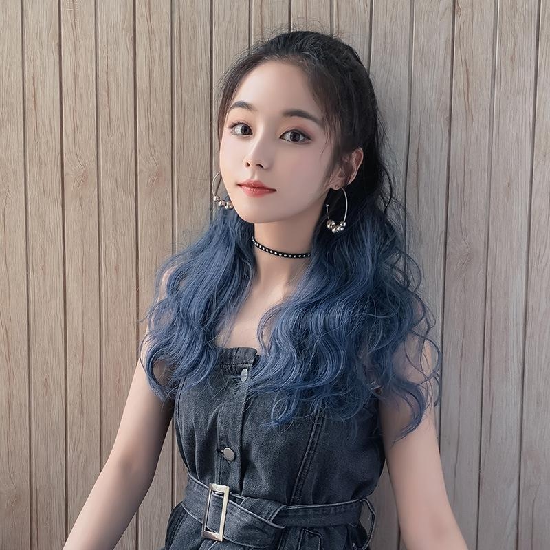 Blue Curly Gradient Ponytail Wig - Realistic Look-1915196933199237124