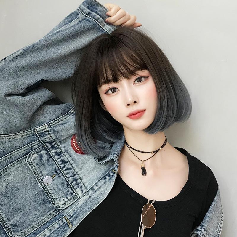 Natural Gradient Blue Short Bobo Student Wig-1915196906536046599