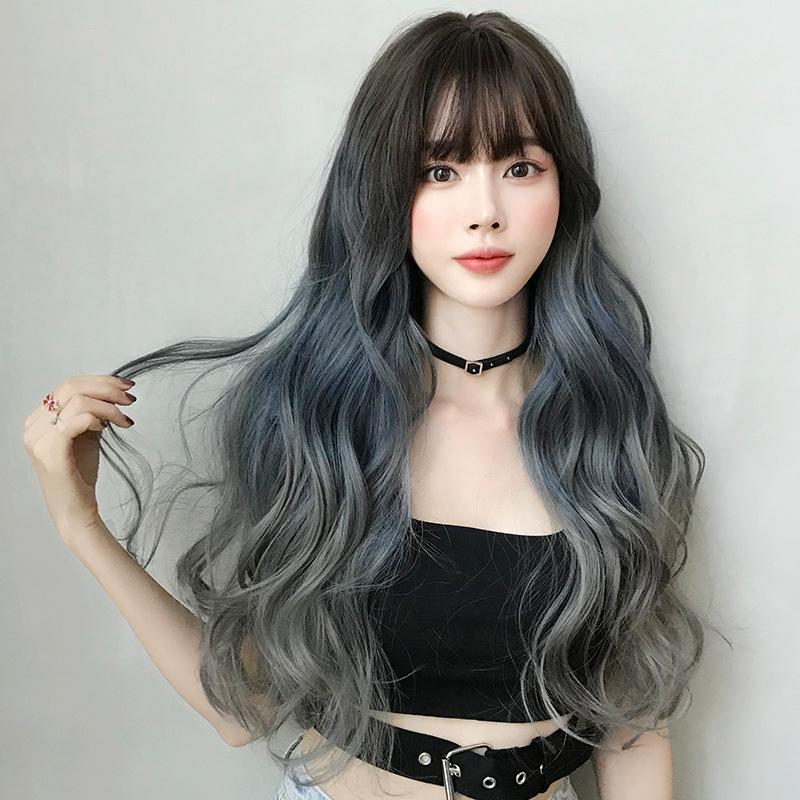 Gradient Fog Blue Gray Long Hair Wig - 68Cm Length-1915196898084524041
