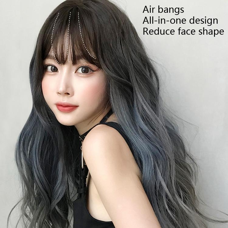 Gradient Fog Blue Gray Long Hair Wig - 68Cm Length-1915196898084524034