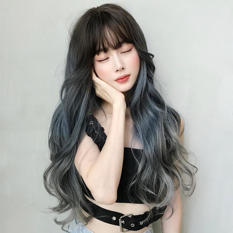 Gradient Fog Blue Gray Long Hair Wig - 68Cm Length-1915196898084524036