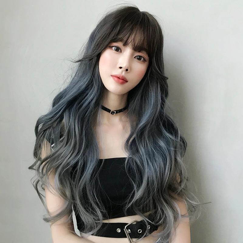 Gradient Fog Blue Gray Long Hair Wig - 68Cm Length-1915196898084524037