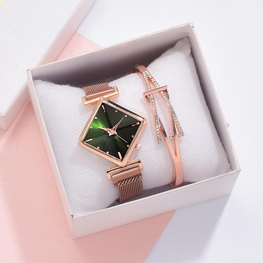 Rose Gold Diamond Dial Watch With Green Bracelet - Women-1922443386757976066