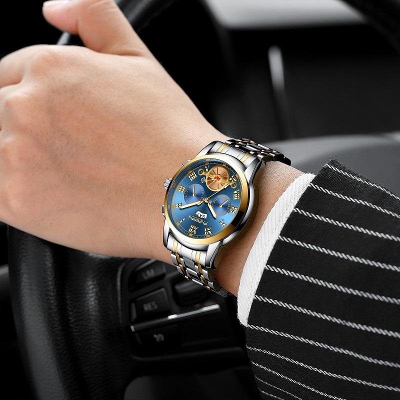 Gold Blue Multi-Function Men Quartz Watch-1915198337519325189