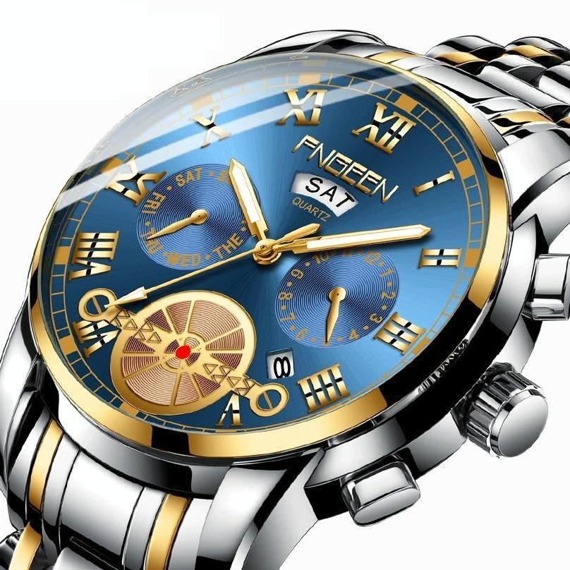 Men Multi-Function Quartz Watch With Blue Dial And White Steel Band-1915197993368293378