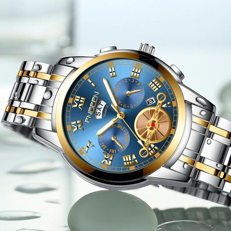 Men Multi-Function Quartz Watch With Blue Dial And White Steel Band-1915197993368293380