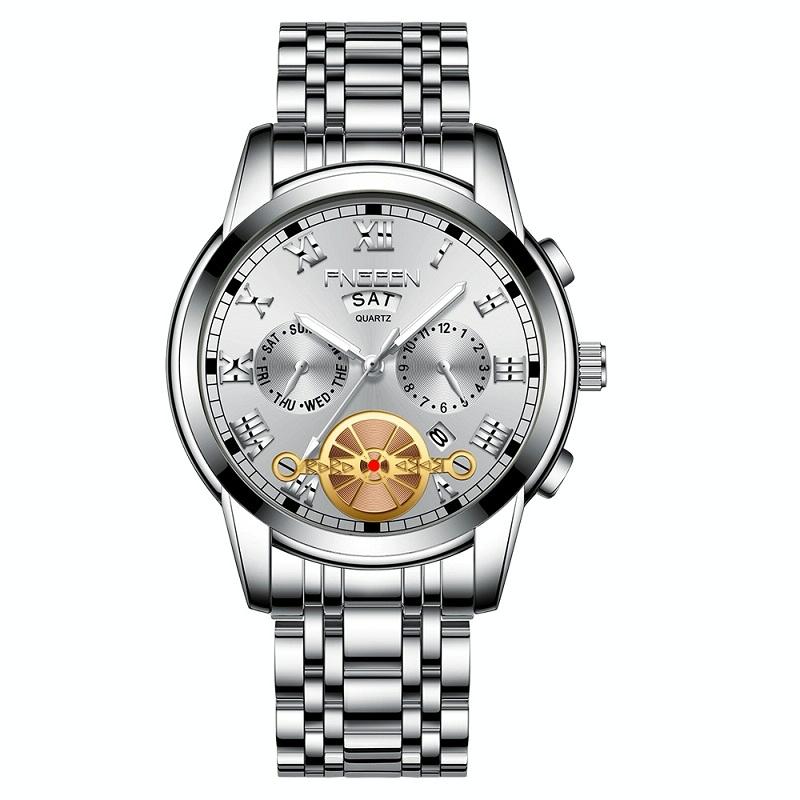Men Multi-Function Quartz Watch - White Steel With White Surface-1922443447499886599