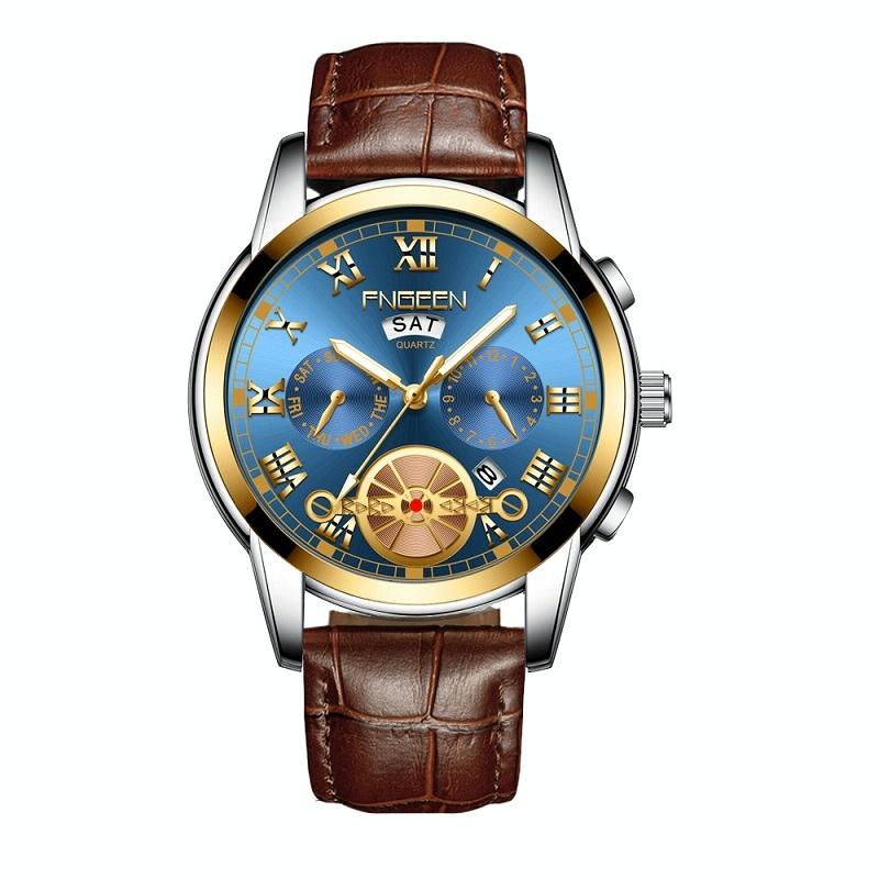 Men Multi-Function Quartz Watch With Brown Leather Strap And Gold Blue Dial-1915197644569972736