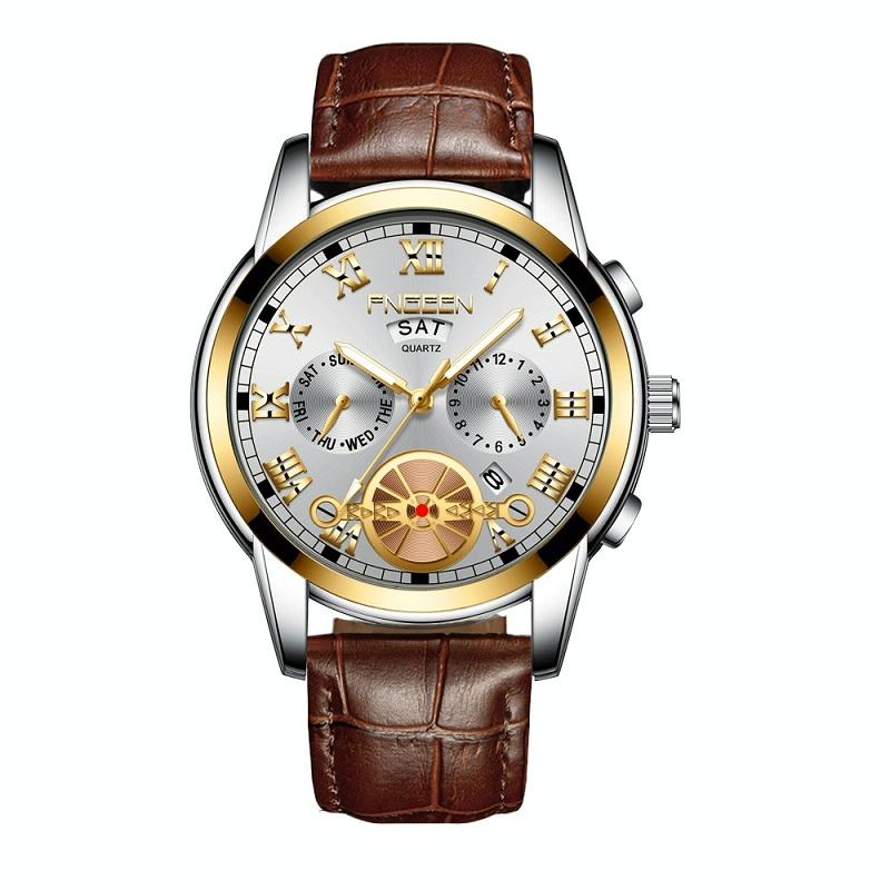 Men Multi-Function Quartz Watch With Brown Leather Strap And Gold White Dial-1915197451250307079