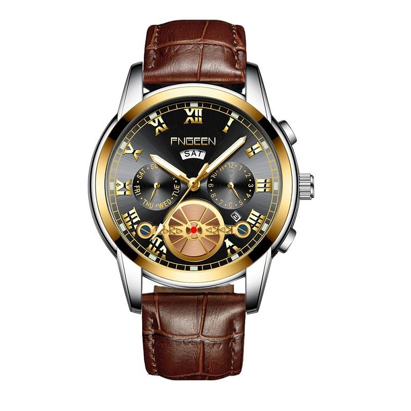Men Multi-Function Quartz Watch With Brown Leather Strap And Gold Black Dial-1915197541528506368