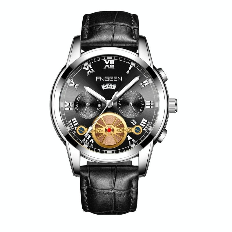 Men Multi-Function Quartz Watch - Black Leather Band White Steel Face-1915197663888936967