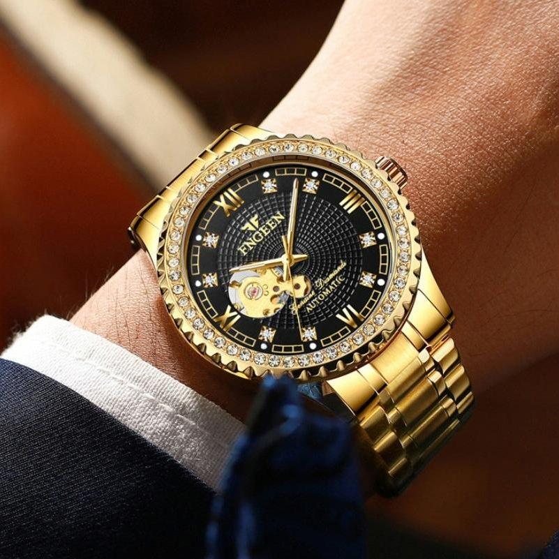 Gold Automatic Mechanical Watch With Diamond Accents For Men-1915196540943732742