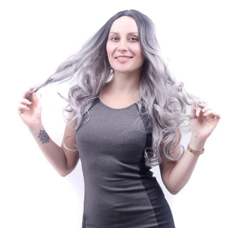 Medium Curly Wig With Bangs - Gray-1915196864752390147