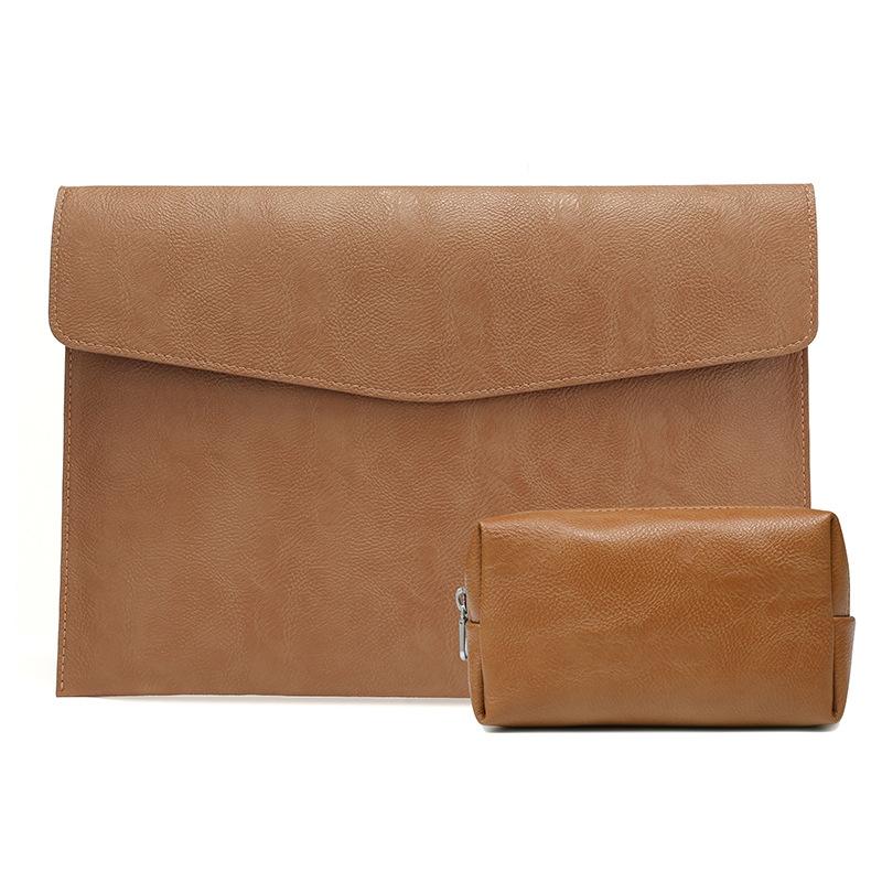 13.3 Inch Laptop Sleeve & Power Bag - Litchi Pattern Pu Leather Light Brown-1915197785288871936