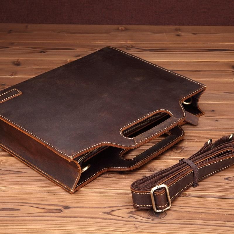Vintage Leather Crossbody Briefcase - Dark Coffee-1915196942804193281