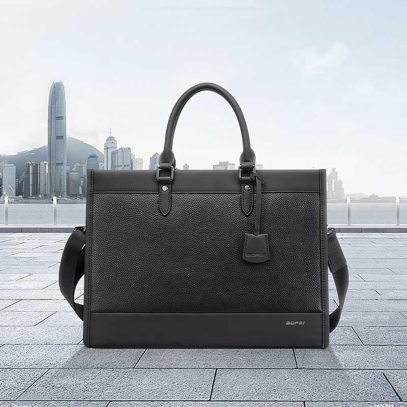 Large-Capacity Leather Laptop Messenger Briefcase In Black-1915196906238251009