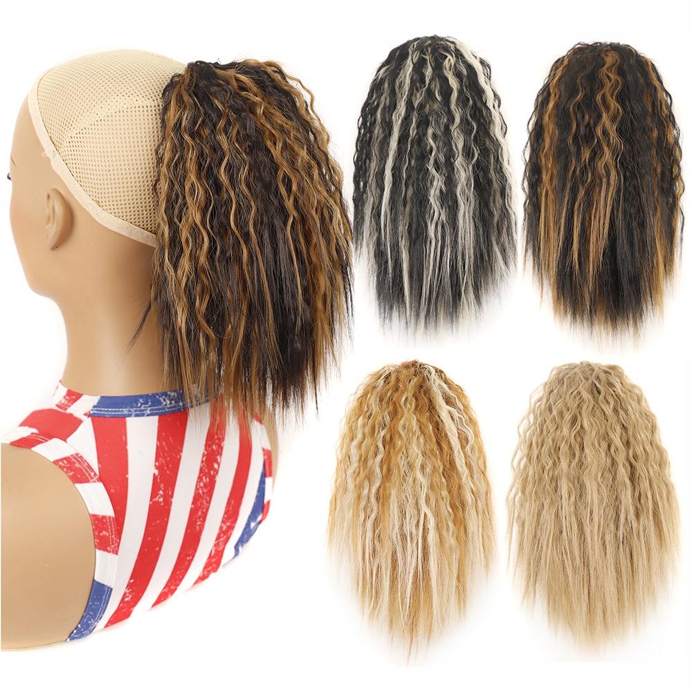 Short Fluffy Drawstring Perm Curly Ponytail Wig - Blue-1915197435571998725