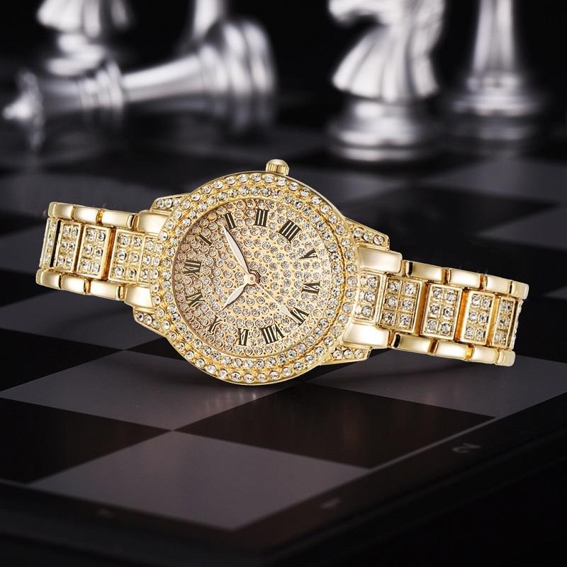 Gold Full Diamond Roman Steel Strap Quartz Watch-1915198345085849601