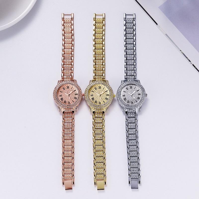 Gold Full Diamond Roman Steel Strap Quartz Watch-1915198345085849602