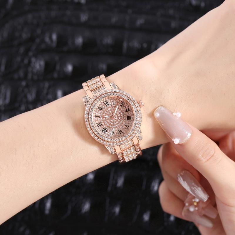 Gold Full Diamond Roman Steel Strap Quartz Watch-1915198345085849604