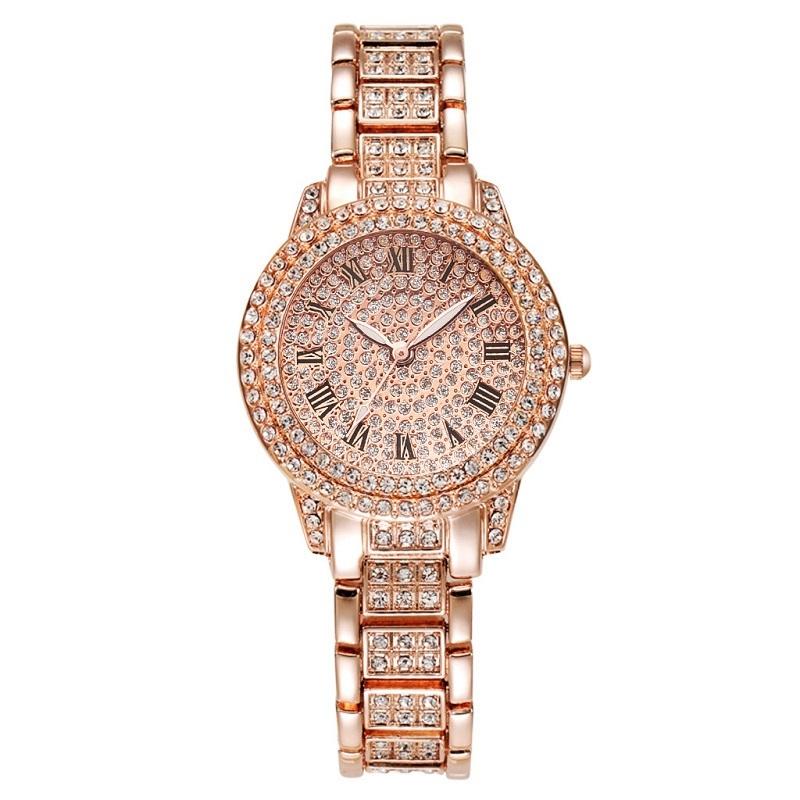 Rose Gold Full Diamond Roman Steel Strap Quartz Watch-1915198151992676357