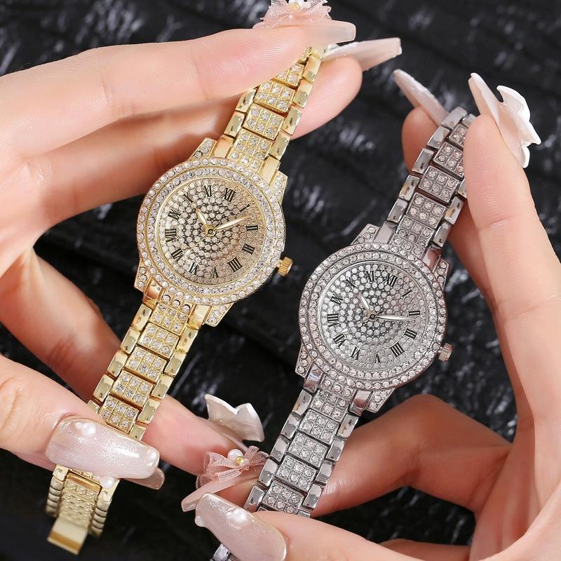 Gold Steel Strap Quartz Watch With Full Diamond Roman Numerals & Bracelet-1915197836610375683