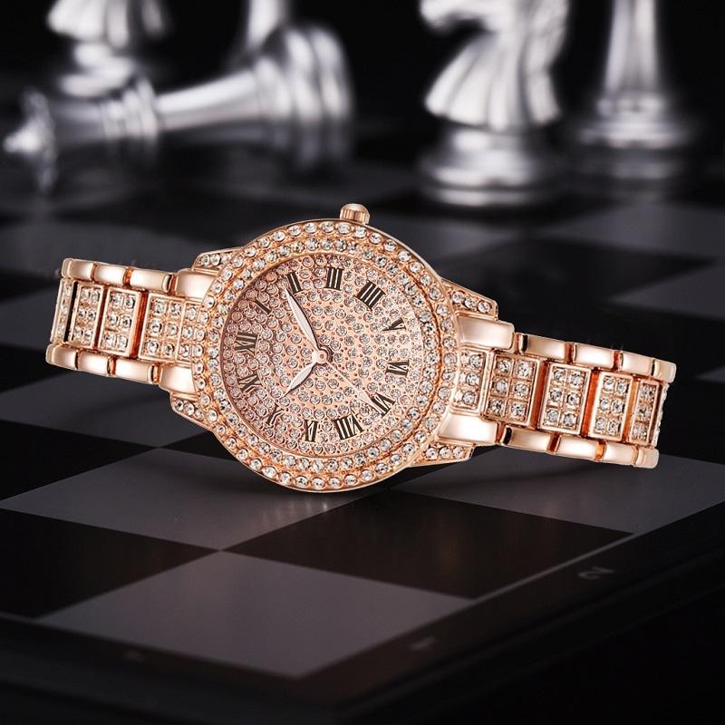 Roman Steel Quartz Watch With Full Diamond Strap &amp; Rose Gold Bracelet-1915197646956531713