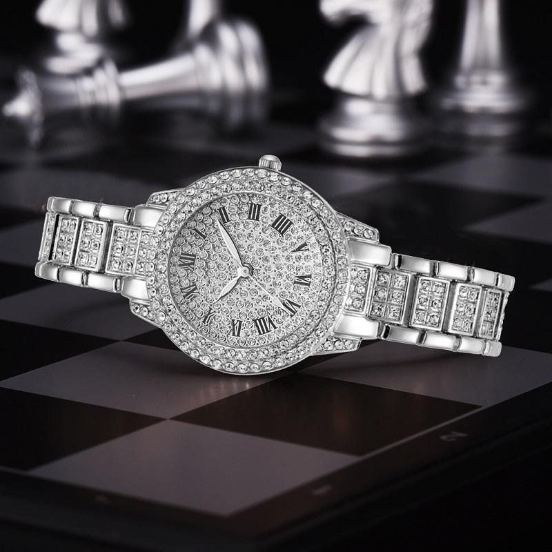Silver Full Diamond Roman Steel Quartz Watch & Bracelet-1915197453783666689