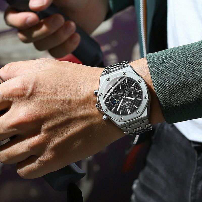 Waterproof Business Quartz Watch In Black Steel-Blue - Multifunctional-1915197642799976453