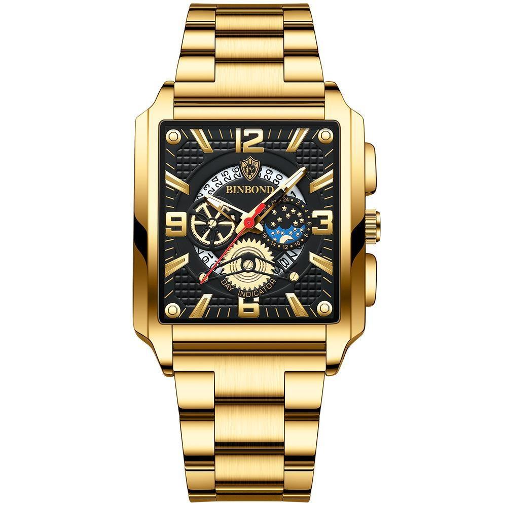 Vintage Square Multifunctional Luminous Quartz Watch For Men - Gold And Black-1915197823066968070